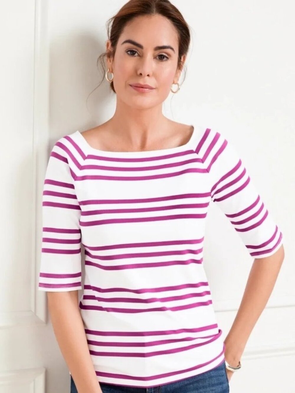TALBOTS Effortless Jersey Raglan Tee - Pink Stripes Size M